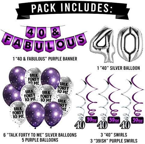 40 i fenomenalno rođendansko pakiranje - Purple & Silver sretan rođendan bunga, balona i vrtloga - ukrasi za rođendan - zalihe za 40.