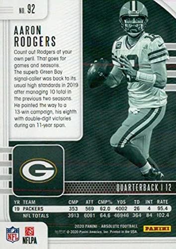 2020. Panini Apsolut 92 Aaron Rodgers Green Bay Packers NFL nogometna trgovačka karta
