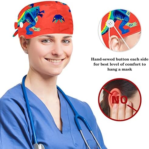 Kirurški kapa Bouffant kape Radna kapa s gumbima i luk kosa za žene, dugu kosu, dinosaur crvena
