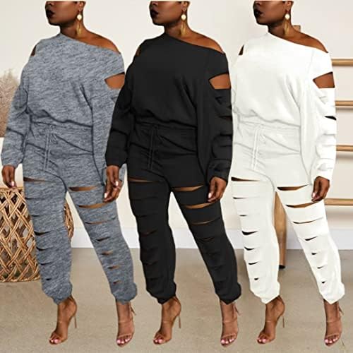 Žene ležerne dvodijelne odjeće One rame šuplje pulover dukserice jogger duge hlače u kombinezonu