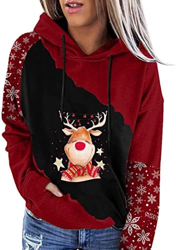 Xinshide božićne kapuljače za žene Slatki jeleni print pulover xmas colorblock kapuljača s kapuljačom dugim rukavima s džepom