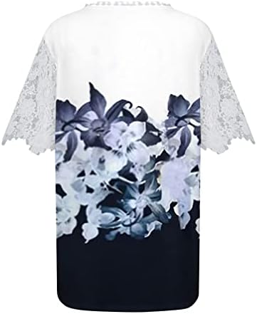 Cvjetni tiskani vrhovi za žene kukičane čipke obloga kratkih rukava v vrat t majice casual labave majice za pulover majice