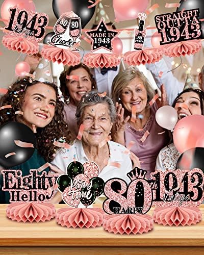 9 PCS -a, 80. rođendan Dekoracija za žene sretni stol od 80. rođendana saća ukrasi ružičaste ružičaste središnje dijelove stolovi Toppers1943