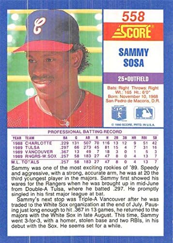 1990. rezultat 558 SAMMY SOSA RC ROOKIE MLB BASEBALL TRGOVINSKA KARTICA CHICAGO WHITE SOX