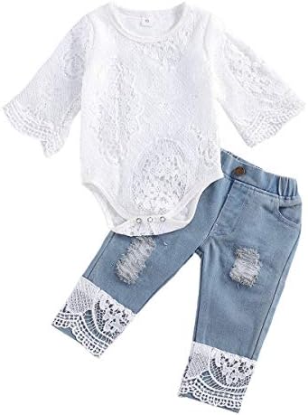 Djevojčice Ljetna odjeća Set čipka šuplja iz dugih rukava + ribana patchwork traperice slatka 2pcs odjeća