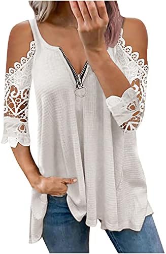 Plus veličina Hladna majica za rame za žene Zip v Neck Odjeljne košulje čipke šuplje bluze čvrste ležerne tunične vrhove