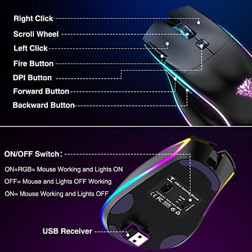 Bengoo KM-2 bežični igrački miš, računalni miš USB bežični miš sa 7 programiranih gumba 3 podesivi DPI RGB povratne letvice Rapid Fire