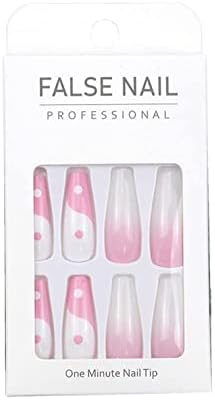 24pcs lažni nokti, izduženi sjajni ružičasti i bijeli dizajni, potpuno prekrivajući akrilne lažne nokte Francuske balerine ljepilom