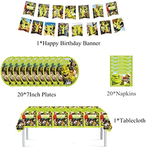 Pribor i ukrasi za zabavu u stilu Shrek, Pribor za proslavu rođendana čudovišta Shrek s natpisom Sretan rođendan, stolnjak, 20 jednokratnih