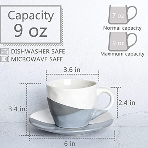 Bosmorlin Stoneware šalica za kavu šalica i tanjur set od 2 za latte, kapućin, čaj, 9 oz, perilica posuđa i mikrovalna sef